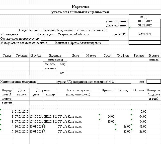 Заполнение карточек учета материальных ценностей: образец