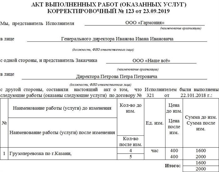 Инструкция по заполнению корректировочного акта выполненных работ